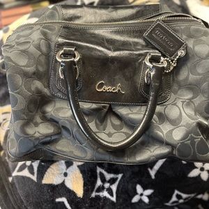Black Coach canvas leather monogram bag with shoulder strap and hand straps